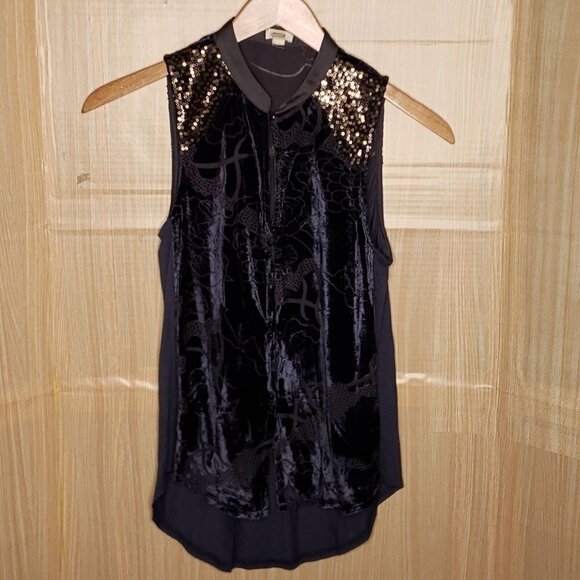Anthropologie Tiny Blue Velvet Mixed Material Sleeveless Sequin Top Small - Picture 1 of 9